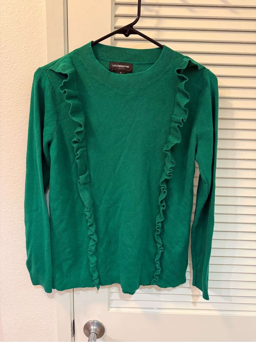 Liz Claiborne Emerald Green Ruffle Front Knit Sweater SMALL